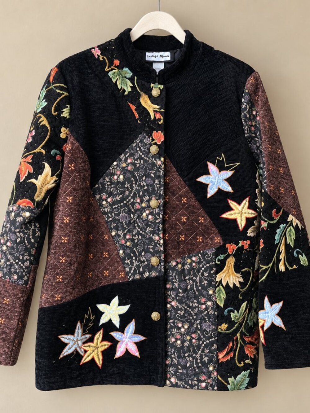 NWT Indigo Moon Velvet Patchwork Leaf Jacket 1X Embroidered Beaded Art to Wear